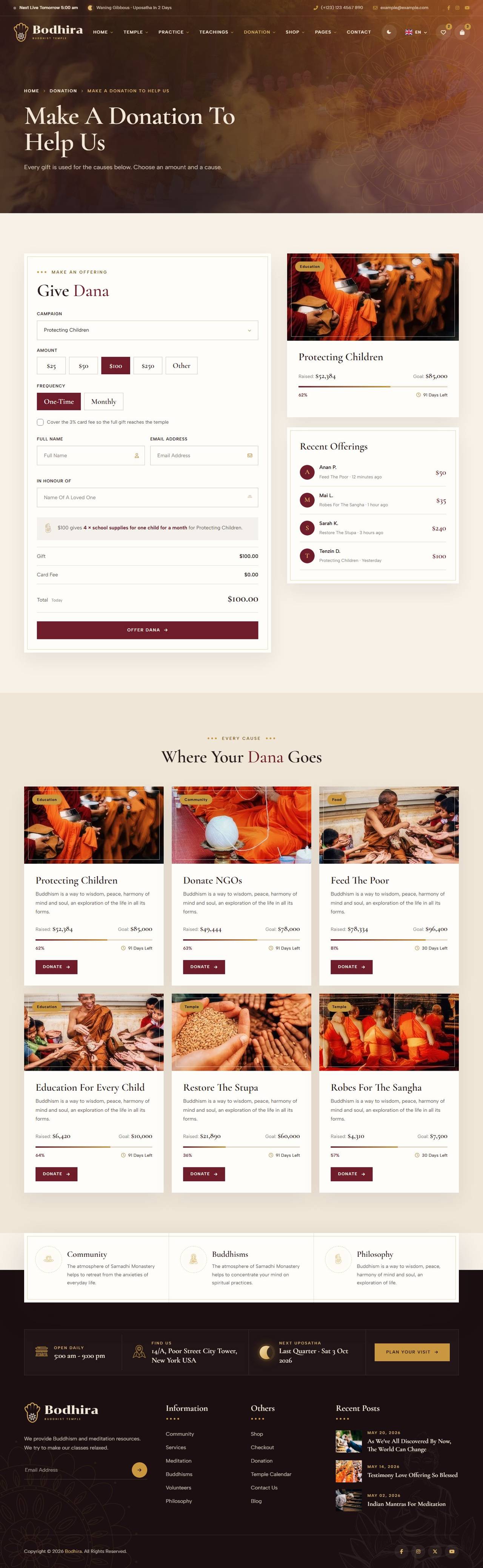 Bodhira Buddhist temple website template – Give Dana