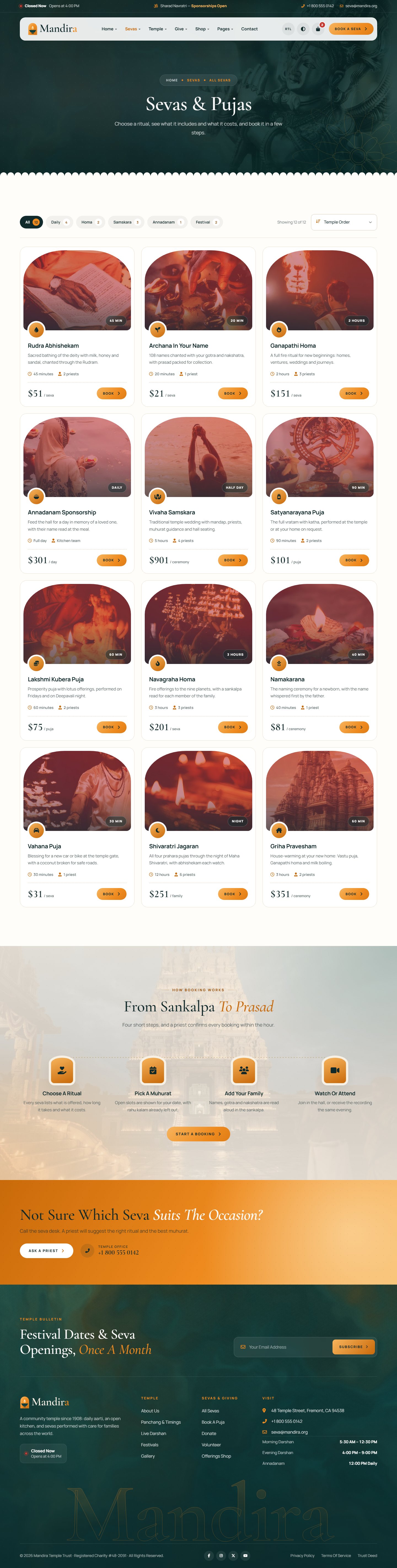 Mandira Hindu temple website template – Sevas and Pujas