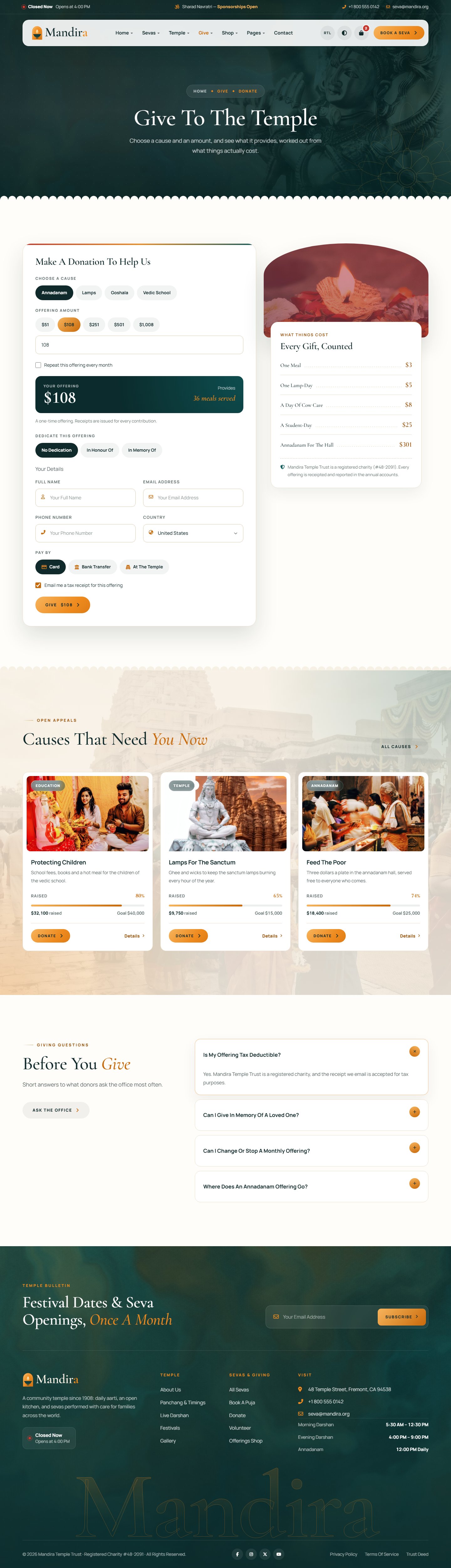Mandira Hindu temple website template – Donation