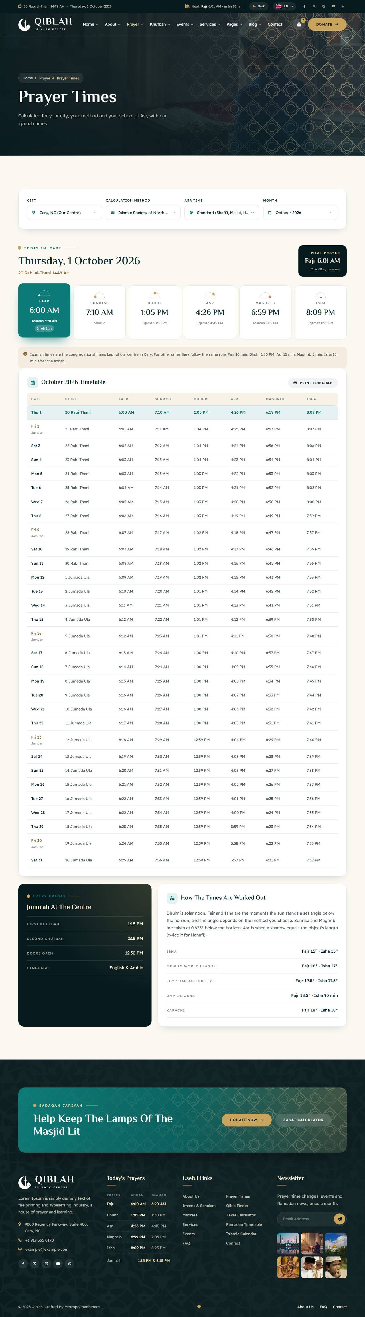 Qiblah mosque website template – Prayer Times