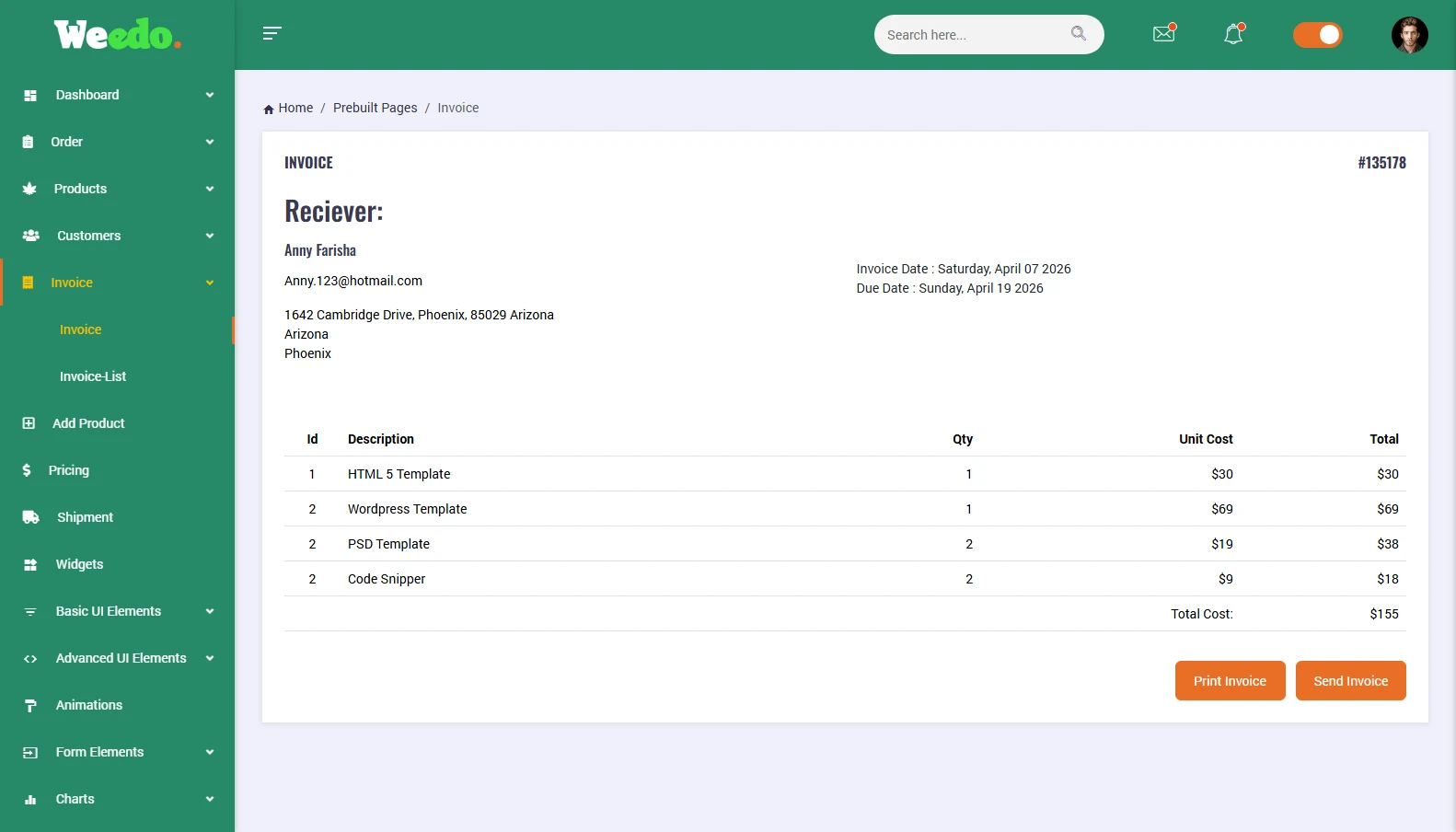 Prebuilt Invoice preview