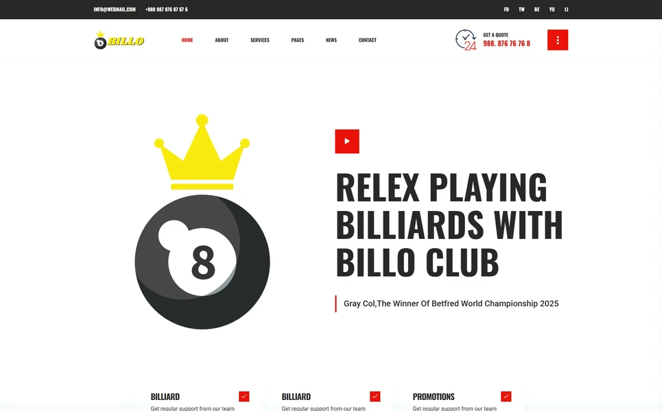 Billo — Billiard Club React JS Template