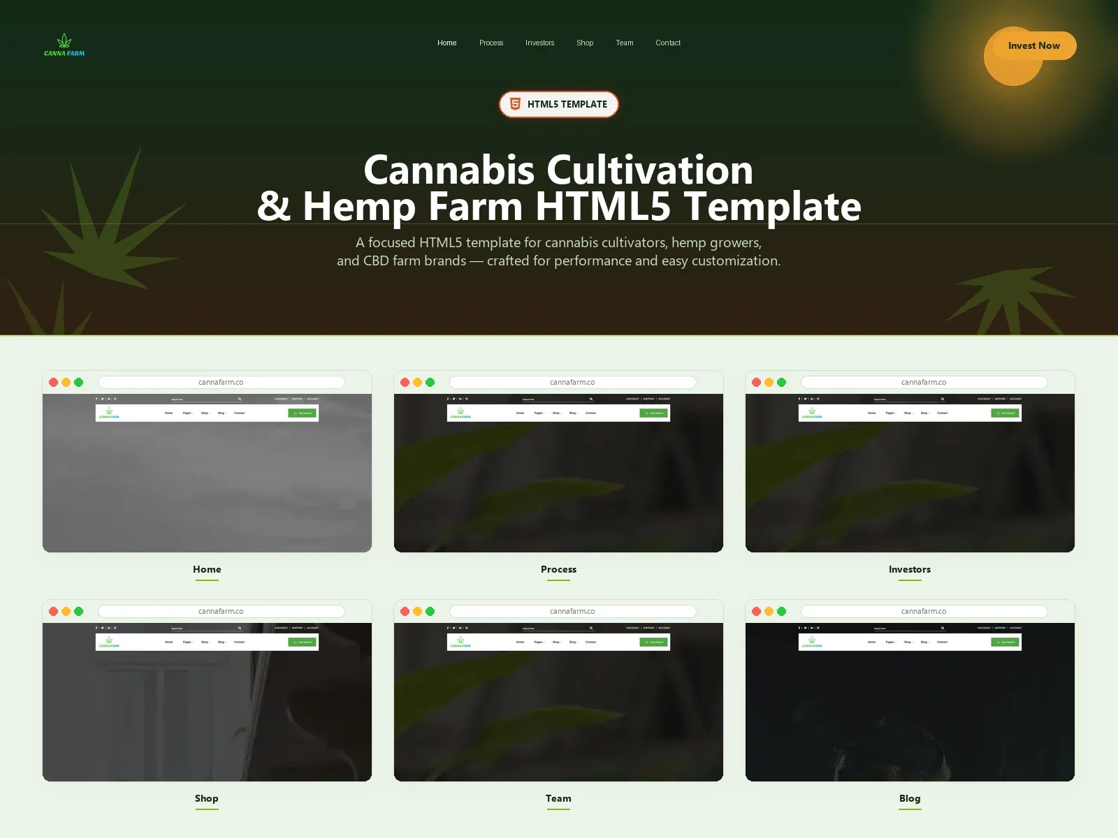 Cannabis farm website template with cultivation process investor relations and agricultural branding
