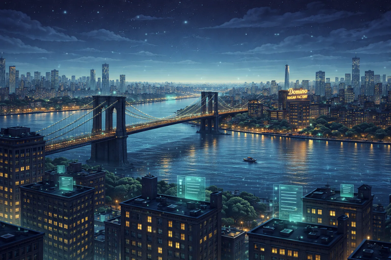 Illustration of the Brooklyn waterfront at night: the Brooklyn Bridge, the Domino Sugar sign and rooftops with glowing website screens