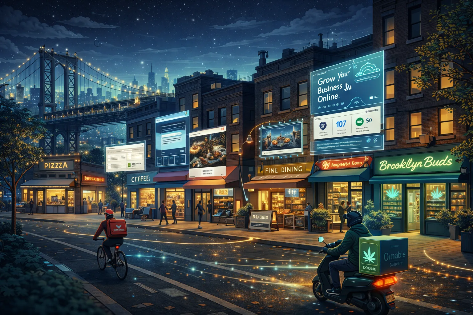 Illustration of a Brooklyn street at night under the Manhattan Bridge: a pizzeria, a coffee bar, a fine-dining restaurant and shops, each with a glowing website screen, with a delivery rider and a cyclist passing by