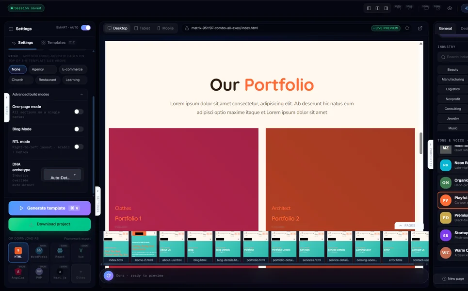MetropolitanHost AI generator &mdash; Niche picker &mdash; append industry-specific pages to any template size