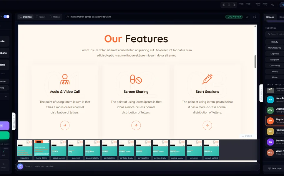 MetropolitanHost AI generator &mdash; Multi-page output &mdash; every page styled, schema-validated, live-previewable