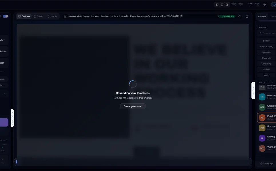 MetropolitanHost AI generator &mdash; Composing &mdash; seven specialist agents run in parallel while settings lock