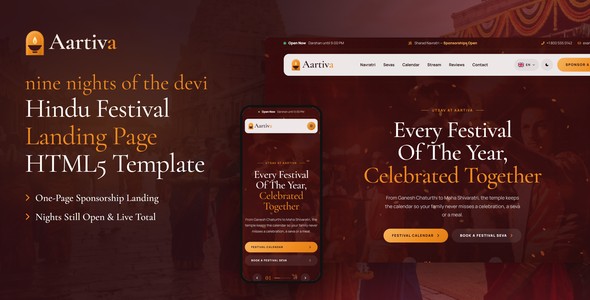 Aartiva – Hindu Festival Sponsorship Landing Page HTML5 Template