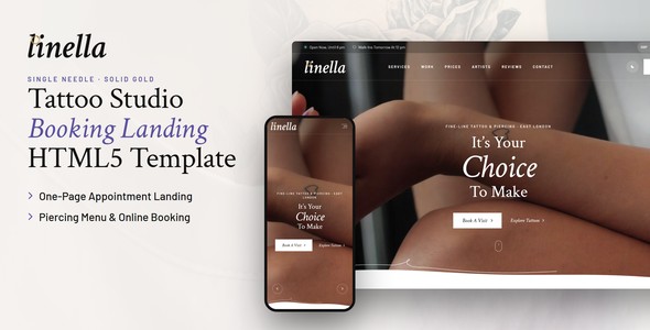 Linella – Fine-Line Tattoo & Piercing Landing Page HTML5 Template