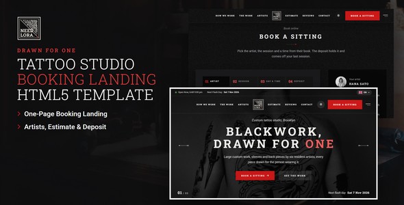 Needlora – Tattoo Studio Booking Landing Page HTML5 Template