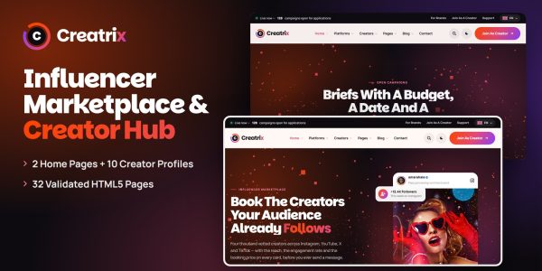 Creatrix — Influencer Marketplace & Creator Hub HTML5 Template