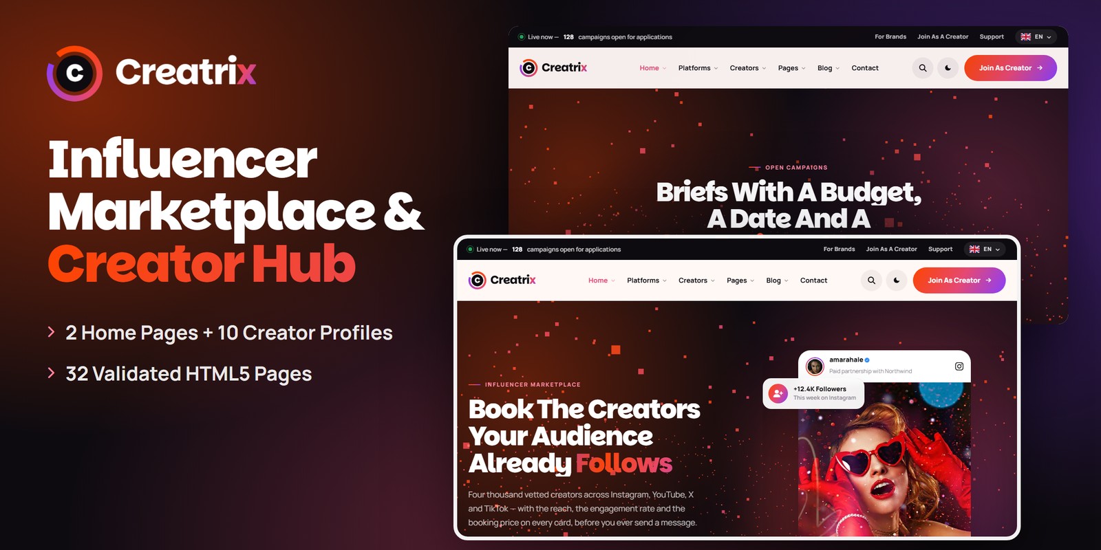Creatrix — Influencer Marketplace & Creator Hub HTML5 Template preview