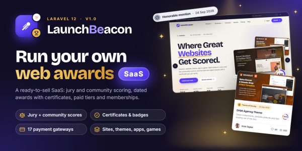 LaunchBeacon — Web Awards & Showcase SaaS for Websites, Themes, Apps and Games (Laravel)