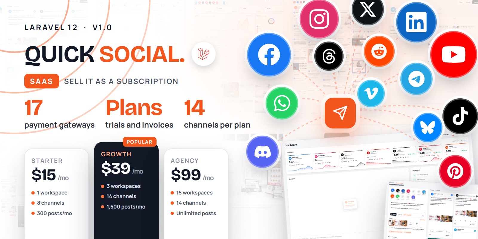 Quick Social SaaS — Sell Social Media Publishing as a Subscription (Laravel) preview