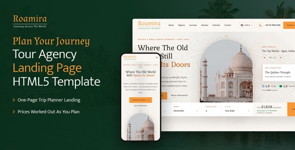 Roamira – Tailor-Made Tours Landing Page HTML5 Template