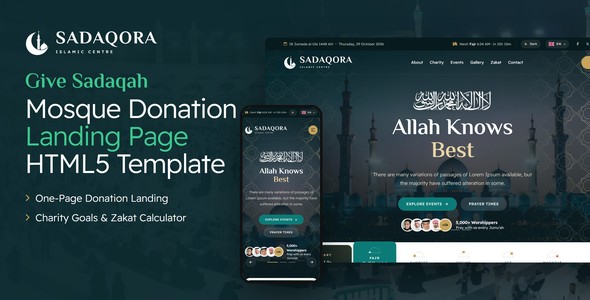 Sadaqora – Mosque Donation Landing Page HTML5 Template