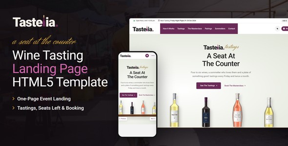 Tastelia – Wine Tasting Room Booking Landing Page HTML5 Template