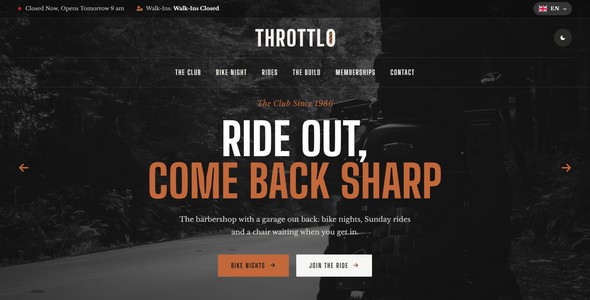 Throttlo – Motorcycle Club & Barbershop Event Landing Page HTML5 Template
