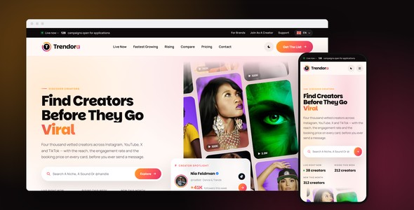 Trendora – Creator Discovery Landing Page HTML5 Template