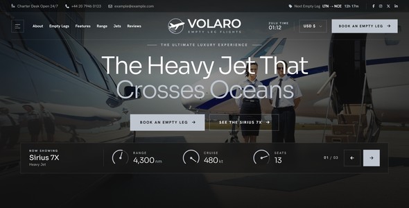 Volaro – Empty Leg Flights Landing Page HTML5 Template